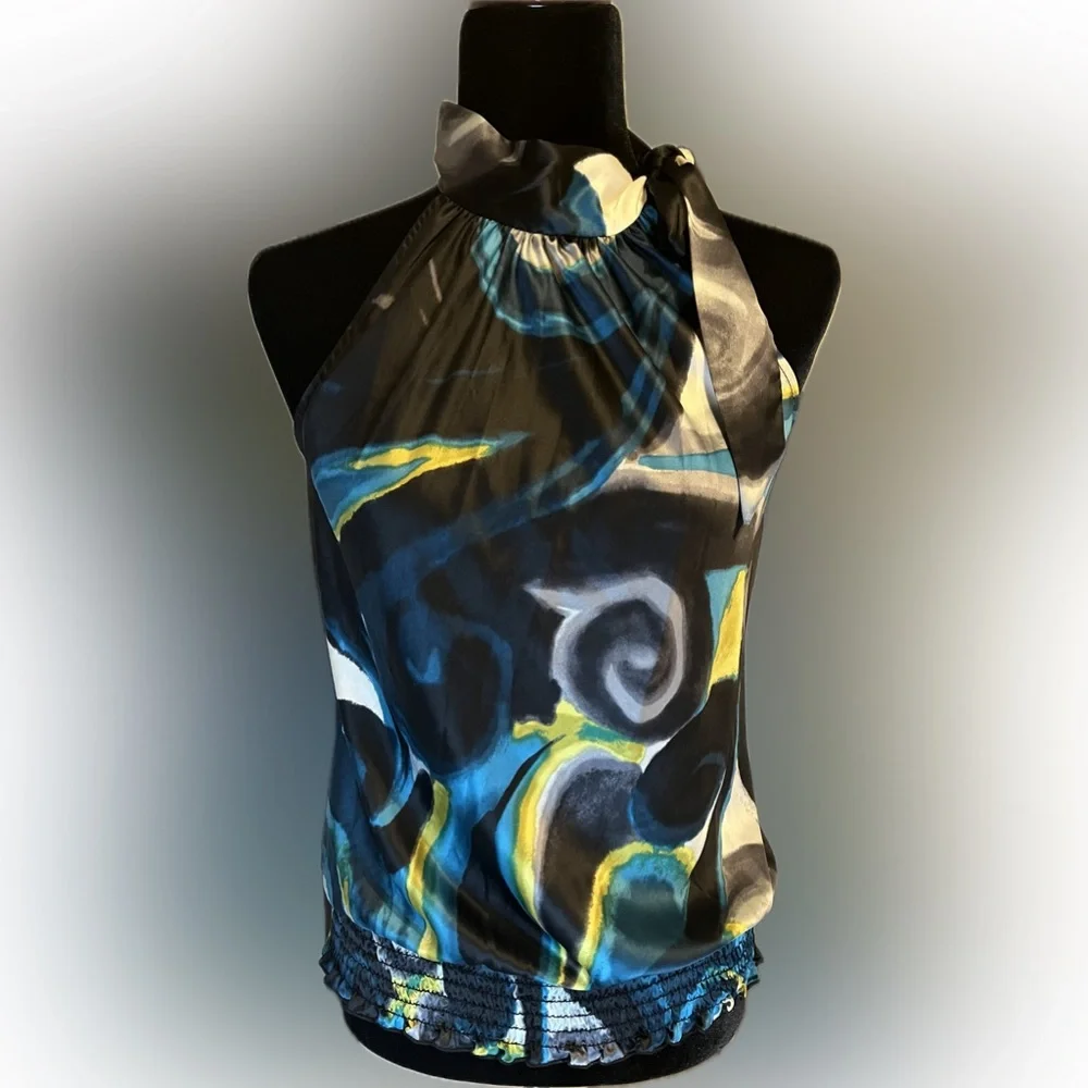 Heart Soul Abstract Black Scarf Tie Blouse size Small - Picture 1 of 11